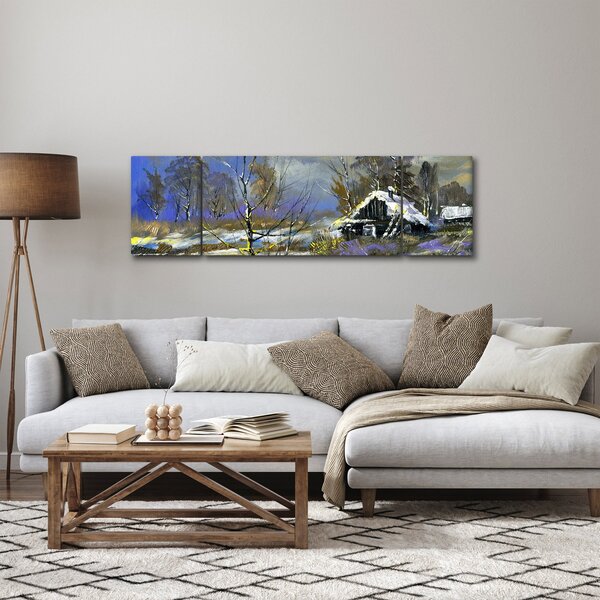 Obraz chaty w zimowym krajobrazie, obraz olejny (170x50 cm)