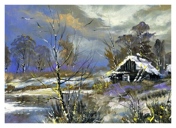Obraz chaty w zimowym krajobrazie, obraz olejny (70x50 cm)