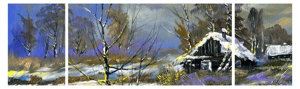 Obraz chaty w zimowym krajobrazie, obraz olejny (170x50 cm)