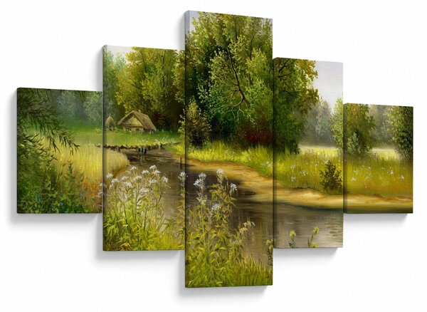 Obraz - Rzeka przy lesie, obraz olejny (125x70 cm)