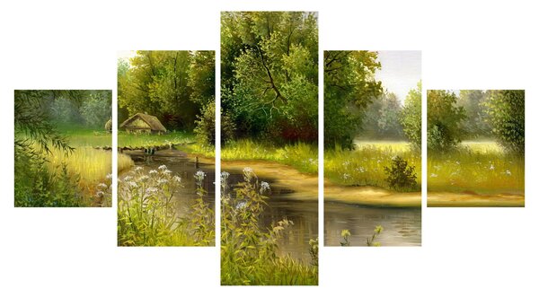 Obraz - Rzeka przy lesie, obraz olejny (125x70 cm)
