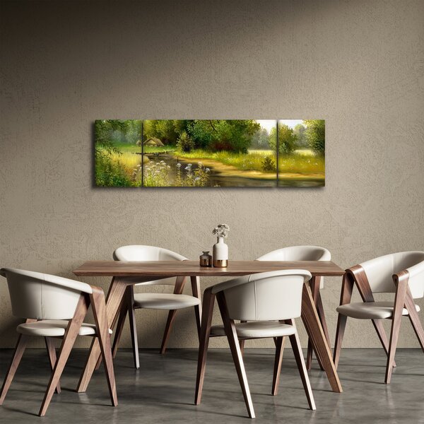 Obraz - Rzeka przy lesie, obraz olejny (170x50 cm)