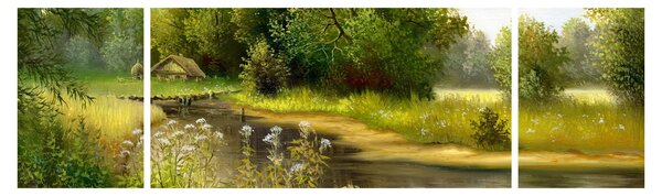Obraz - Rzeka przy lesie, obraz olejny (170x50 cm)