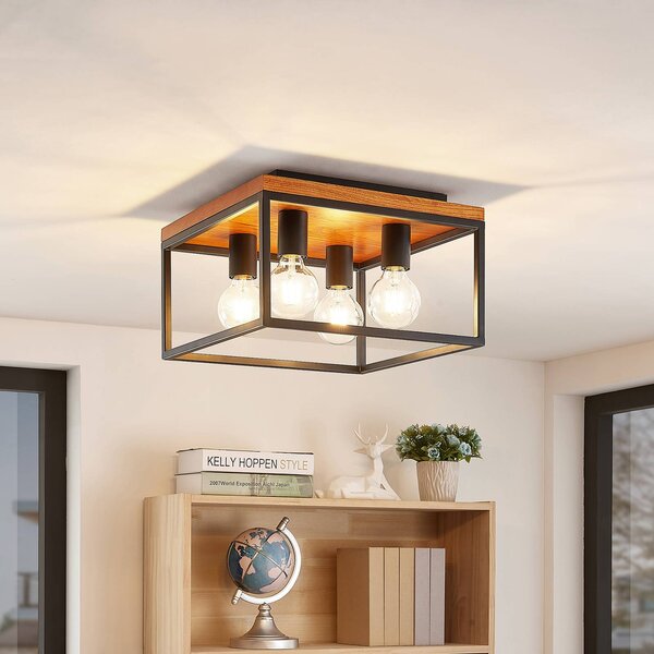 Lampa sufitowa Miravi Lindby, możliwość ściemniania, czarny, salon / jadalnia, drewno, nowoczesny