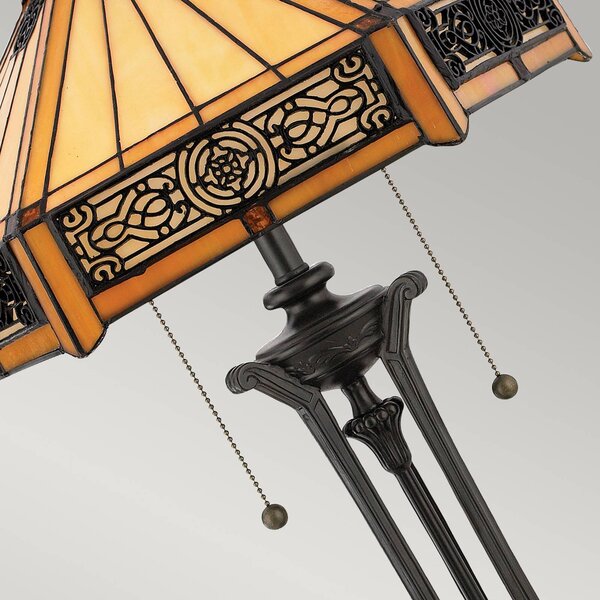QUOIZEL Lampa stołowa tiffany Indus, brązowy / mosiężny, salon / jadalnia, szkło, tiffany