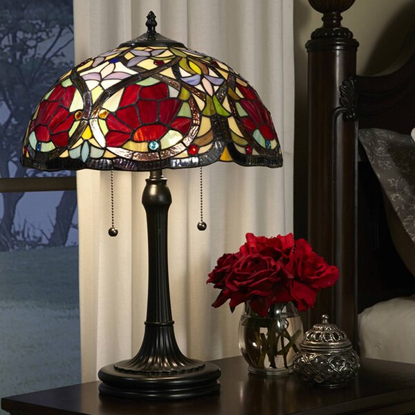 QUOIZEL Lampa stołowa tiffany Larissa, brązowy / mosiężny, salon / jadalnia, szkło, tiffany