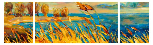 Obraz - Zachód słońca nad jeziorem, obraz akrylowy (170x50 cm)
