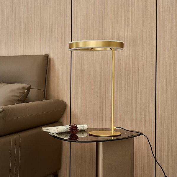 Lampa stołowa LED Yekta Lucande, możliwość ściemniania, mosiężny / złoty, salon / jadalnia, metal, design