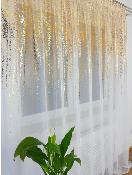 Firana gotowa woalowa 300x250 cm - biaÅa, zÅoty deszczyk, taÅma marszczÄ ca