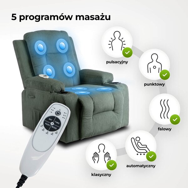 Fotel Masujący BOX Rozkładany Wypoczynkowy z Podnóżkiem Zielony Sztruksowy Nowoczesny