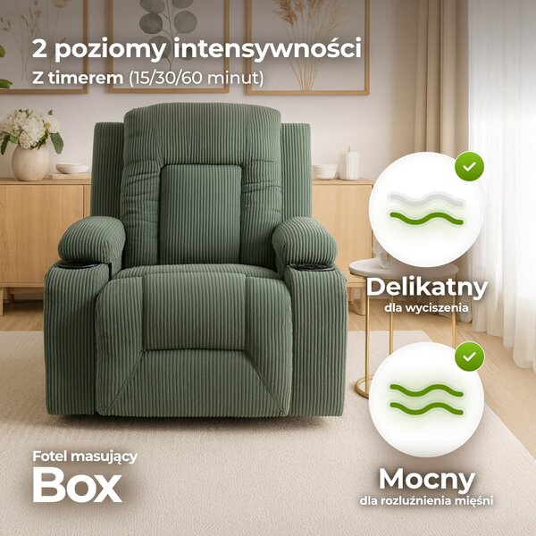 Fotel Masujący BOX Rozkładany Wypoczynkowy z Podnóżkiem Zielony Sztruksowy Nowoczesny