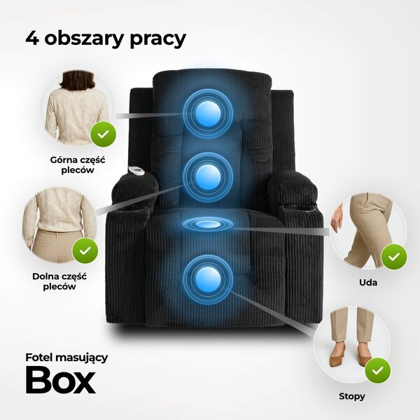 Fotel Masujący BOX Rozkładany Wypoczynkowy z Podnóżkiem Czarny Sztruksowy Nowoczesny