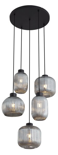 Designerska lampa wisząca czarna z przydymionym szkłem 5-punktowa - Ana