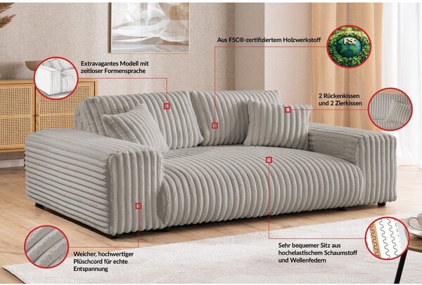 Jasnoszara sztruksowa sofa 213 cm Justin – Ropez
