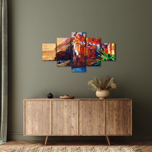 Obraz - Wieś na wybrzeżu Cinque Terre, Włoska Riviera, nowoczesny impresionism (125x70 cm)