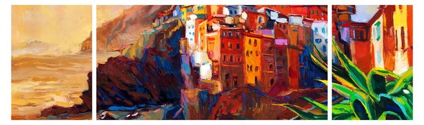 Obraz - Wieś na wybrzeżu Cinque Terre, Włoska Riviera, nowoczesny impresionism (170x50 cm)