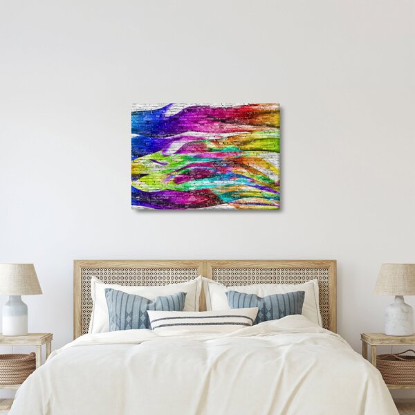 Obraz - Mur z cegły z kolorowymi płomieniami (70x50 cm)
