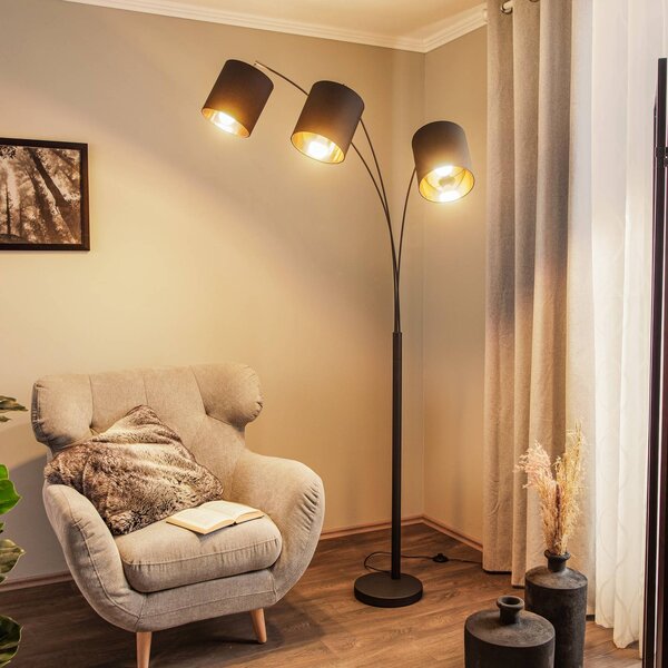 Lampa stojąca Lindby Nanika, czarny/złoty, 202 cm, E27, 3-punktowa. Nanika, czarny, salon / jadalnia, metal, nowoczesny