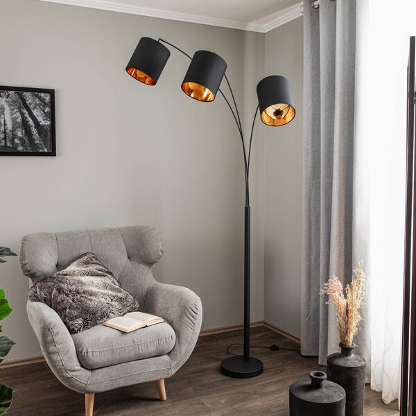 Lampa stojąca Lindby Nanika, czarny/złoty, 202 cm, E27, 3-punktowa. Nanika, czarny, salon / jadalnia, metal, nowoczesny