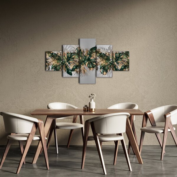 Obraz - Złoto - zielone tropikalne liście (125x70 cm)