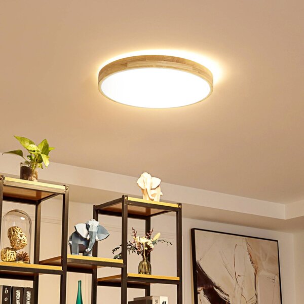 Inteligentna lampa sufitowa Innes Lindby, możliwość ściemniania, jasne drewno, salon / jadalnia, drewno, nowoczesny