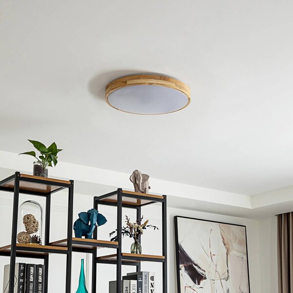 Inteligentna lampa sufitowa Innes Lindby, możliwość ściemniania, jasne drewno, salon / jadalnia, drewno, nowoczesny