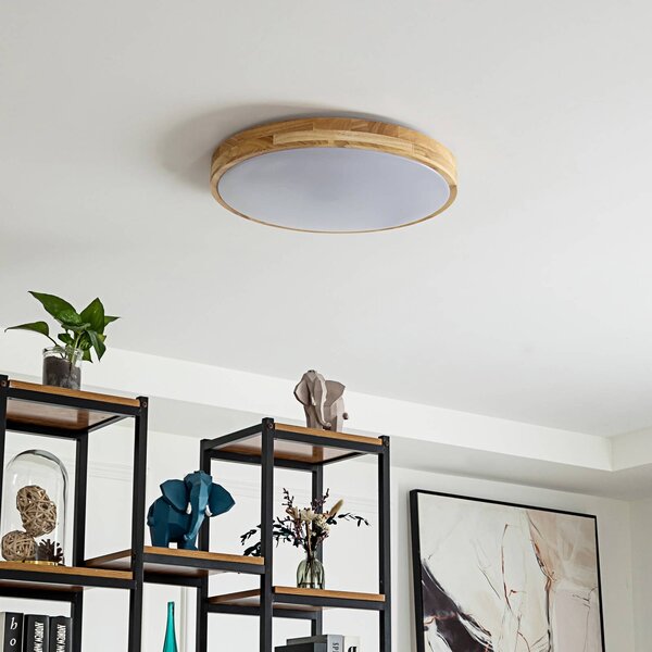 Inteligentna lampa sufitowa Innes Lindby, możliwość ściemniania, jasne drewno, salon / jadalnia, drewno, nowoczesny