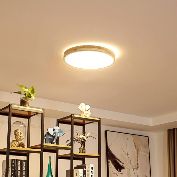 Inteligentna lampa sufitowa Innes Lindby, możliwość ściemniania, jasne drewno, salon / jadalnia, drewno, nowoczesny