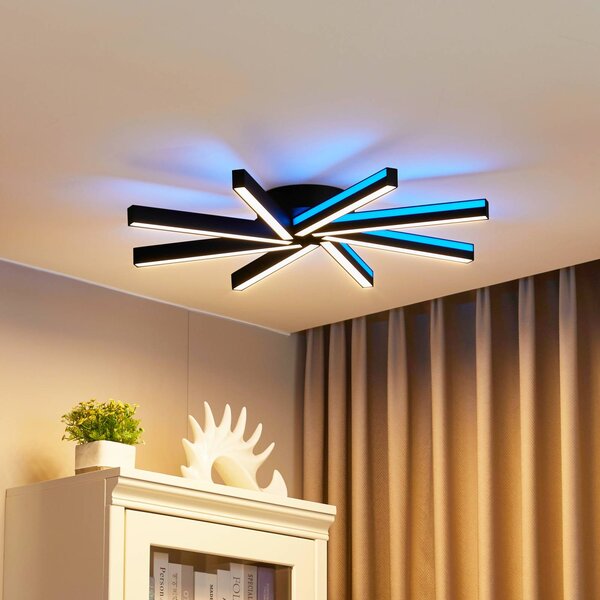 Inteligentna lampa sufitowa Tjado Lucande, możliwość ściemniania, czarny, salon / jadalnia, metal, nowoczesny