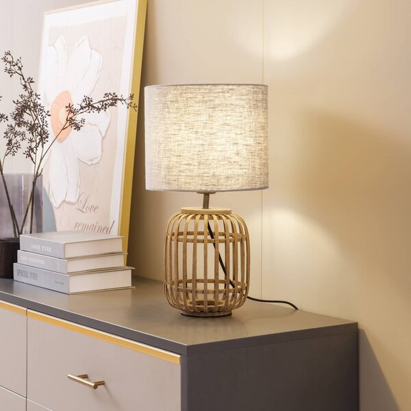 Lampka nocna do sypialni Marzanna Lindby, jasne drewno, salon / jadalnia, tkanina / materiał / jedwab, dworkowy / rustykalny
