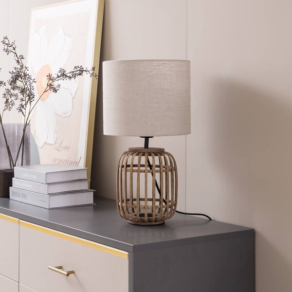 Lampka nocna do sypialni Marzanna Lindby, jasne drewno, salon / jadalnia, tkanina / materiał / jedwab, dworkowy / rustykalny