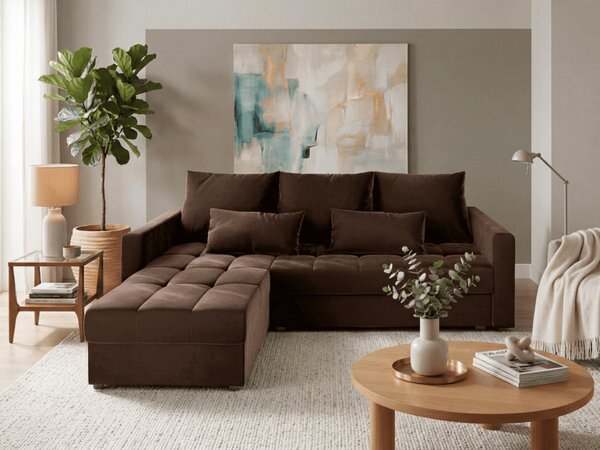 Brązowa rozkładana narożna sofa ZENOVA 220x140 cm, dwustronna