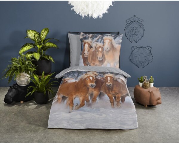 Szara flanelowa pościel dziecięca jednoosobowa 140x200 cm Happy Horses – Good Morning