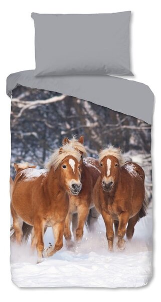 Szara flanelowa pościel dziecięca jednoosobowa 140x200 cm Happy Horses – Good Morning