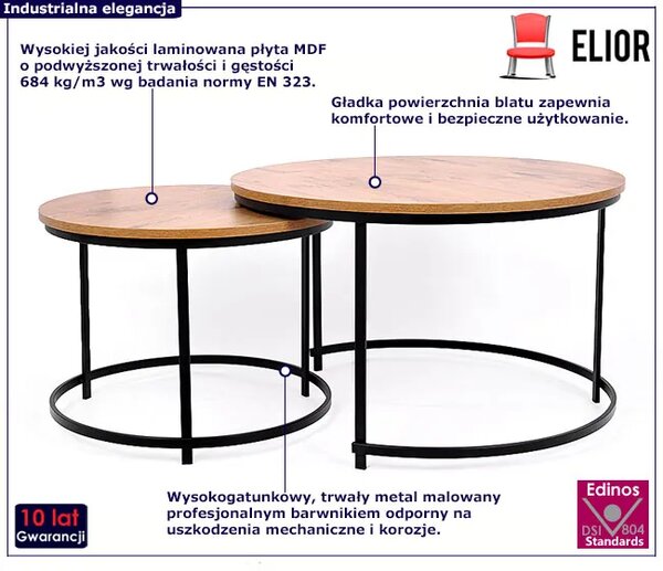 Zestaw okrągłych stolików kawowych czarny + dąb - Eloise
