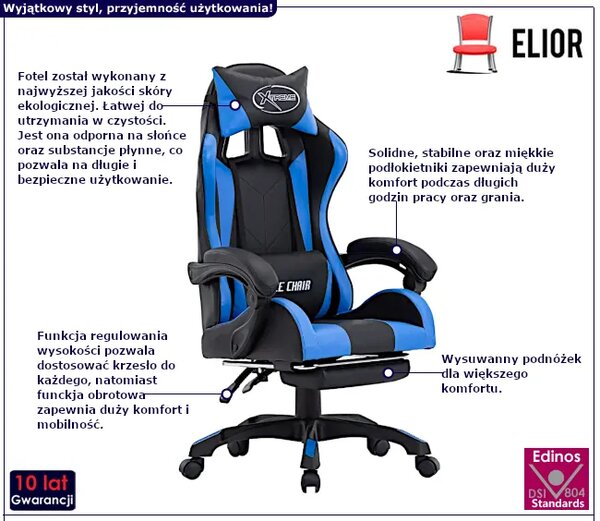 Czarno-niebieski fotel gamingowy z podnóżkiem S9-R82