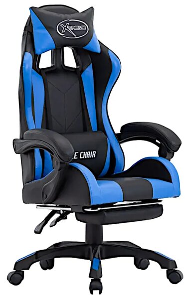 Czarno-niebieski fotel gamingowy z podnóżkiem S9-R82