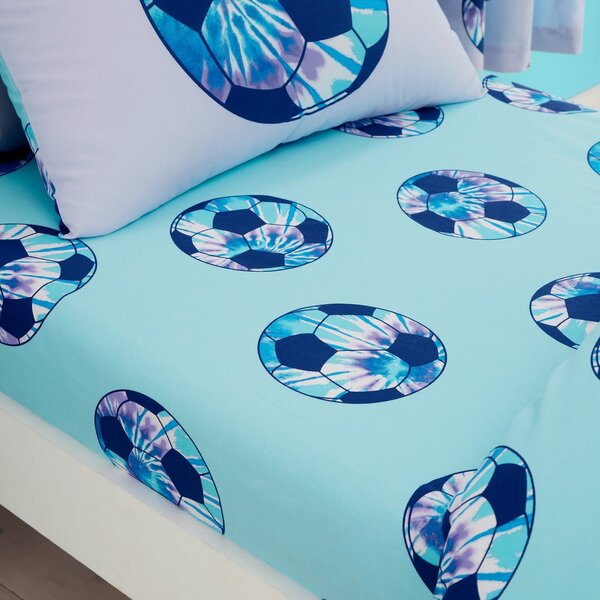 Turkusowe prześcieradło dziecięce jednoosobowe z gumką 90x190 cm Tie Dye Football – Catherine Lansfield