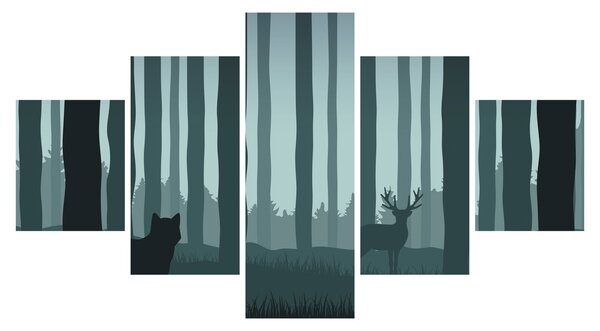 Obraz - Jeleń z wilkiem w skałach (125x70 cm)