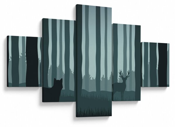Obraz - Jeleń z wilkiem w skałach (125x70 cm)