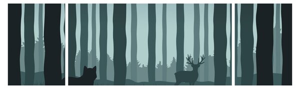 Obraz - Jeleń z wilkiem w skałach (170x50 cm)