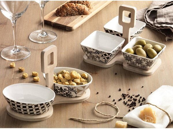 Komplet 3 porcelanowych misek i bambusowej podkładki Brandani Alhambra