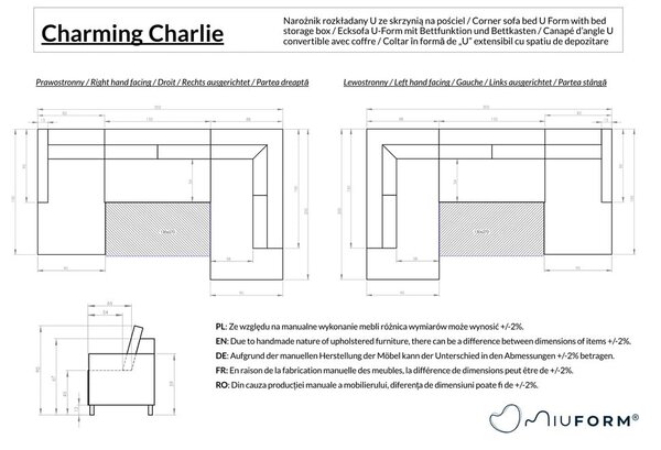 Szary rozkładany narożnik (prawostronny/w kształcie litery U) Charming Charlie – Miuform