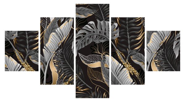 Obraz - Tropikalne liście w kolorze czarno - złotym (125x70 cm)