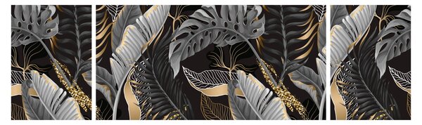 Obraz - Tropikalne liście w kolorze czarno - złotym (170x50 cm)