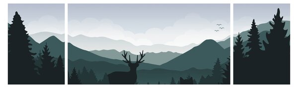 Obraz - Jeleń z wilkiem w skałach (170x50 cm)