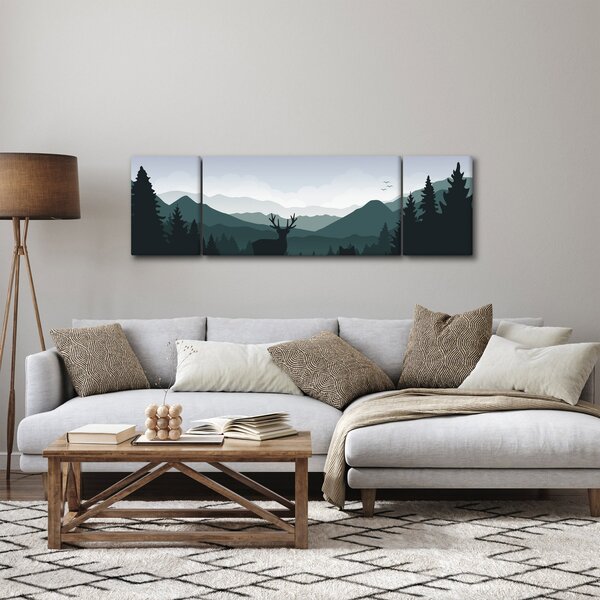 Obraz - Jeleń z wilkiem w skałach (170x50 cm)