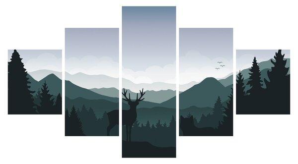 Obraz - Jeleń z wilkiem w skałach (125x70 cm)