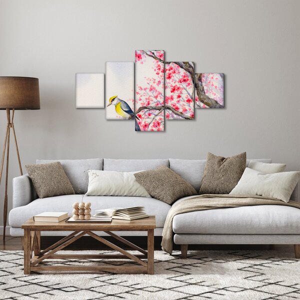 Obraz - ptak na drzewie z czerwonymi kwiatami (125x70 cm)