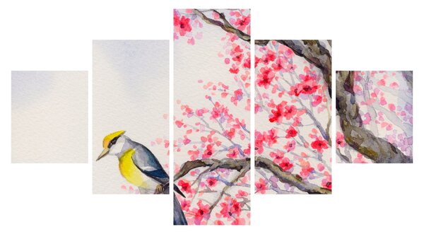 Obraz - ptak na drzewie z czerwonymi kwiatami (125x70 cm)